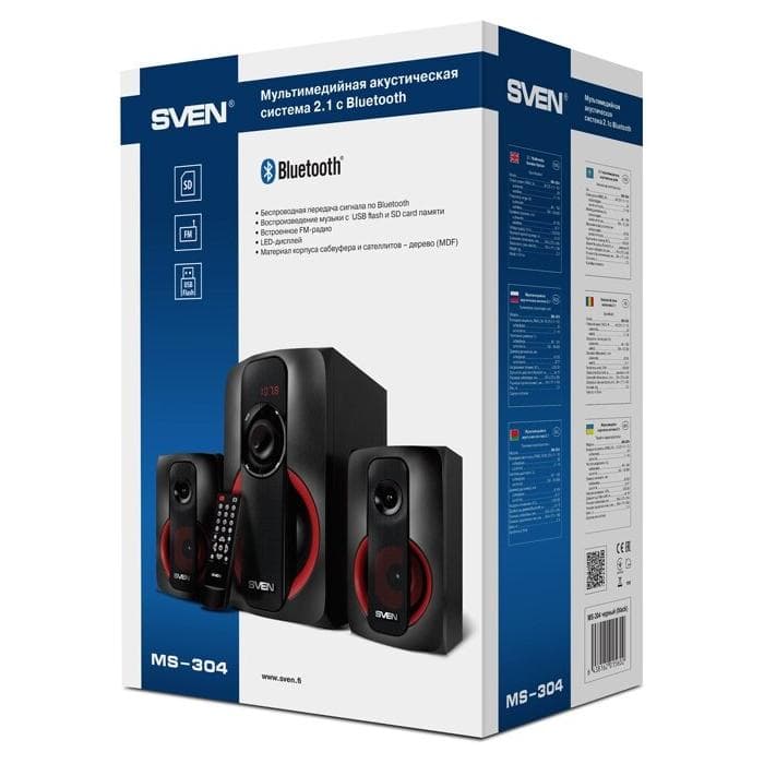 Акустическая система 2.1 SVEN MS-304 черный, RMS 40Вт(20 + 2x10), Bluetooth 10m, USB2.0, SD слот, Пульт ДУ, MDF, Питание от сети(~220В)