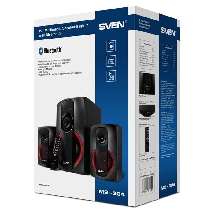 Акустическая система 2.1 SVEN MS-304 черный, RMS 40Вт(20 + 2x10), Bluetooth 10m, USB2.0, SD слот, Пульт ДУ, MDF, Питание от сети(~220В)