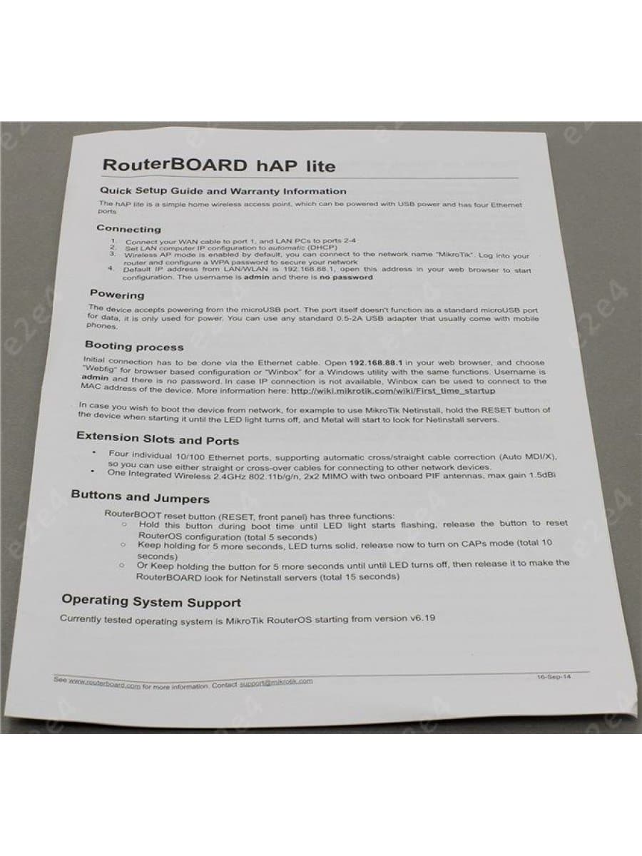 Роутер Wi-Fi MikroTik hAP Lite RB941-2nD, CPU 1 Core, 32MB RAM, 2.4GHz 300 Mb/s, 4xLAN 100Mb/s, MicroUSB, RouterOS (L4)