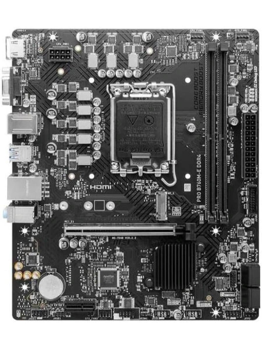 Материнская плата MSI PRO B760M-E D4 mATX,LGA1700,Intel B760,2xDDR4 3200MHz,1*PCI-E4.0,1*PCI-E3.0,1*M2,4*Sata,6Gb/s,1Gb Lan,2*USB3.2,4*USB2.0,HDMI,VGA