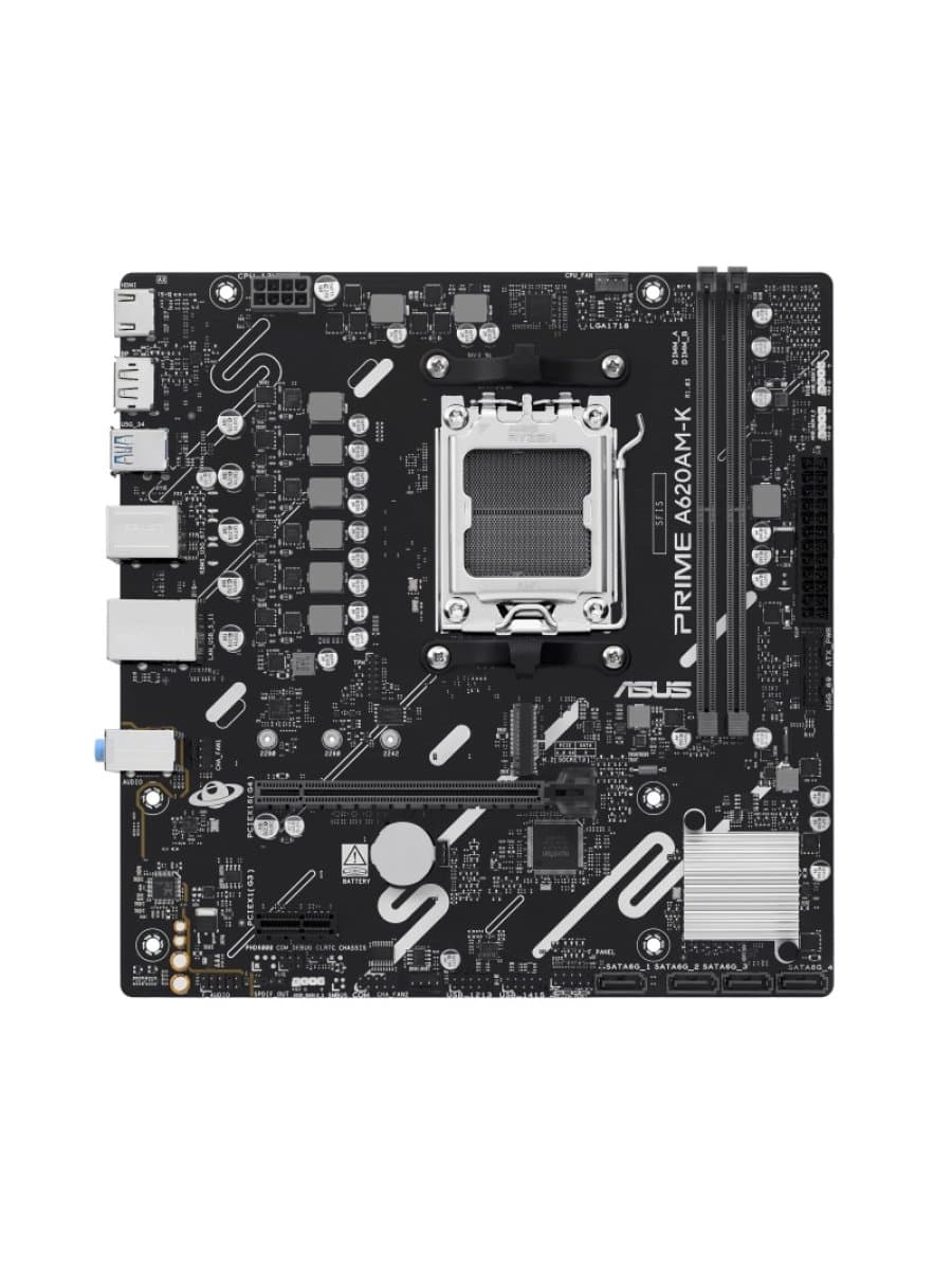 Материнская плата ASUS PRIME A620AM-K (mATX, AM5, AMD A620A, 2x DDR5 7600MHz, 1x PCIe 4.0 x16, 1x M.2, 4x SATA, 1GbE, 4x USB 5Gbps, 2x USB 2.0, HDMI, DP, No Wi-Fi)