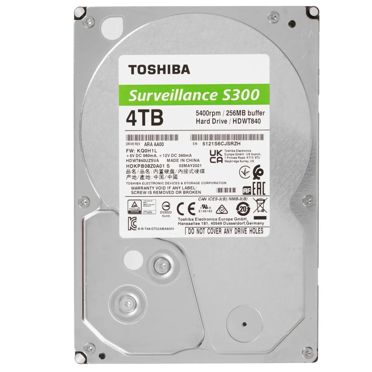 Жесткий диск HDD 4TB, Toshiba S300, 5400rpm, 256MB, SATA III, S300 Surveillance [HDWT840UZSVA]