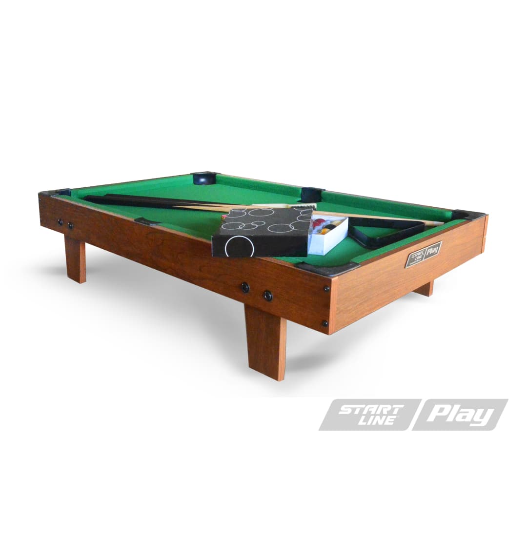 Стол бильярдный Start Line Play "Настольный SLP" 910 х 500 х 200 мм, МДФ универсальный дизайн и качественная отделка. В комплект входят: 1 набор шаров, 2 кия, 2 мела, 1 треугольник. SLP3620-2
