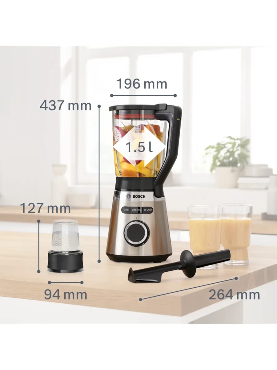 Стационарный блендер Bosch MMB6386M, 1200 Вт, 1,5 л, 3 автопрограммы, нержавеющая сталь