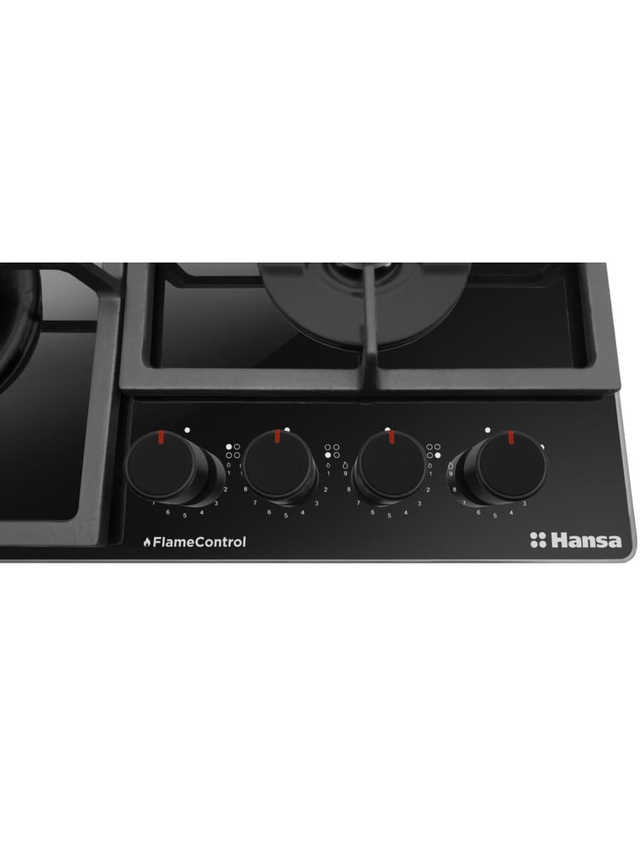 Встраиваемая газовая варочная поверхность Hansa BHKS6718511, 60 см, 4 конфорки, WOK, чёрное стекло