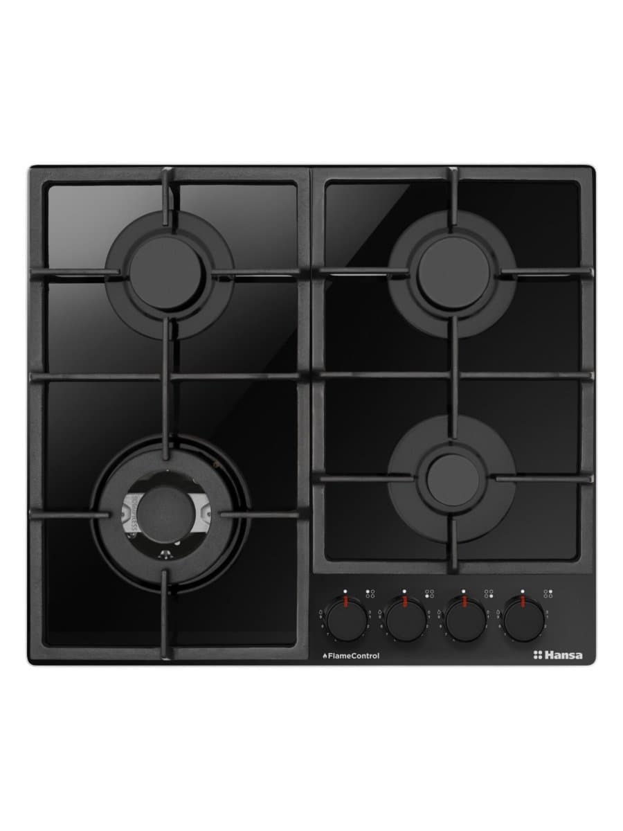 Встраиваемая газовая варочная поверхность Hansa BHKS6718511, 60 см, 4 конфорки, WOK, чёрное стекло