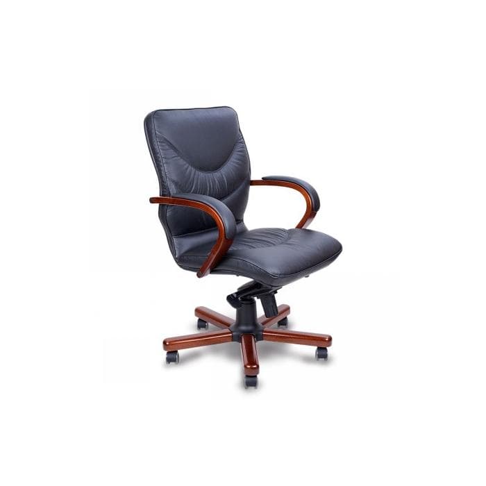 Конференц-кресло MULTI-OFFICE LEEDS WOOD B с низкой спинкой на крестовине черная кожа+к/з/т.орех