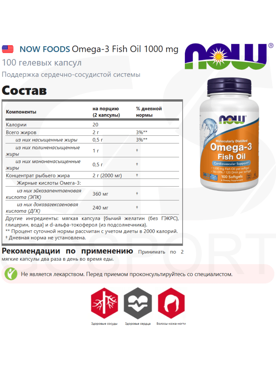 Омега кислоты Now - Omega 3 1000 mg 100 капсул