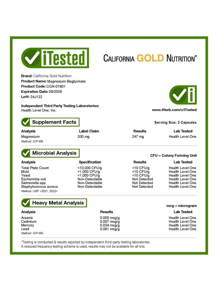Витаминный комплекс California Gold Nutrition, бисглицинат магния, с TRAACS® от Albion, 100 мг, 60 растительных капсул