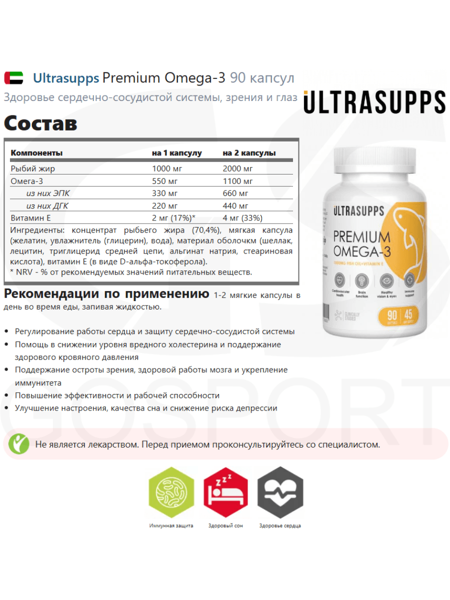 Омега кислоты ULTRASUPPS Premium Omega-3 90 капсул