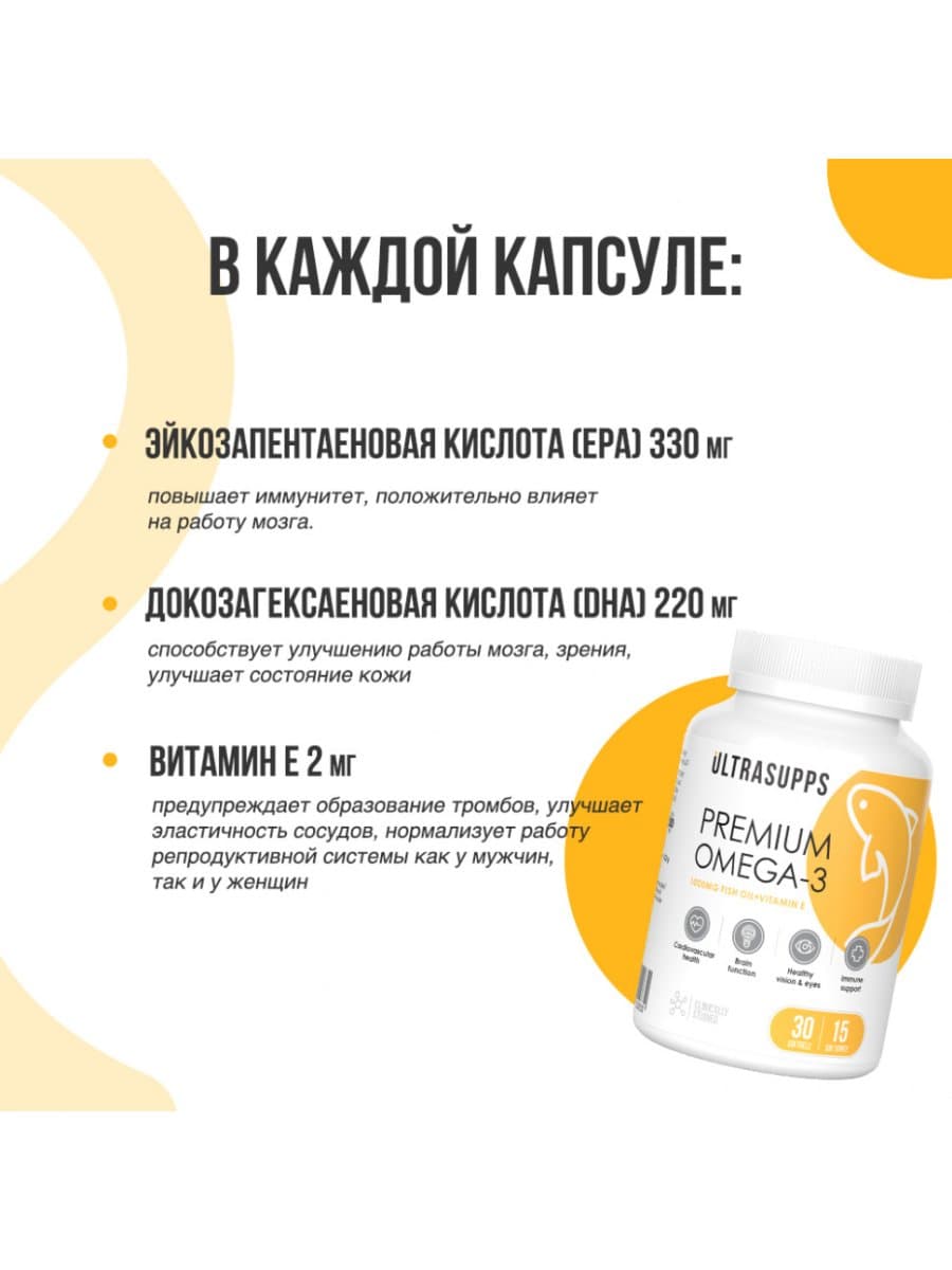 Омега кислоты ULTRASUPPS Premium Omega-3 30 капсул