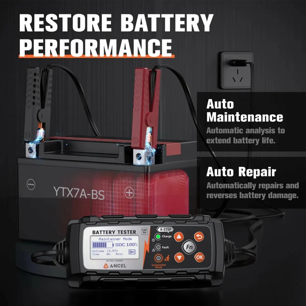 ANCEL BT521 умное зарядное устройство для 12В аккумуляторов