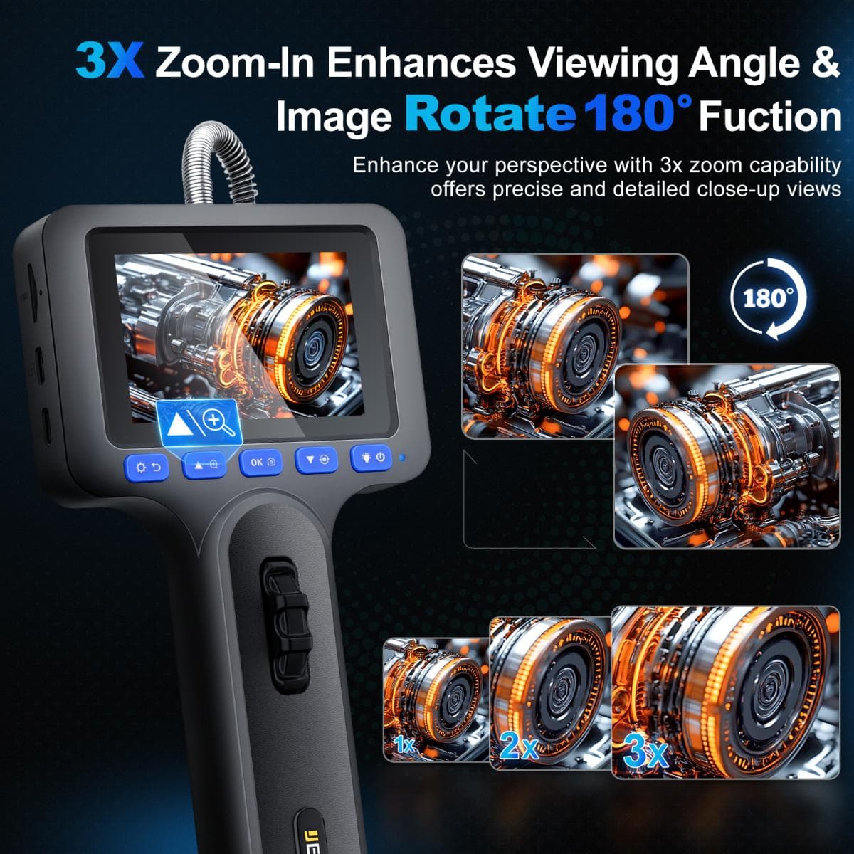 Эндоскоп автомобильный с экраном Jeseral JS260-28D, 360 градусов, с гибкой 6,2-мм камерой, с 2-сторонней артикуляцией и 2,8-дюймовым дисплеем