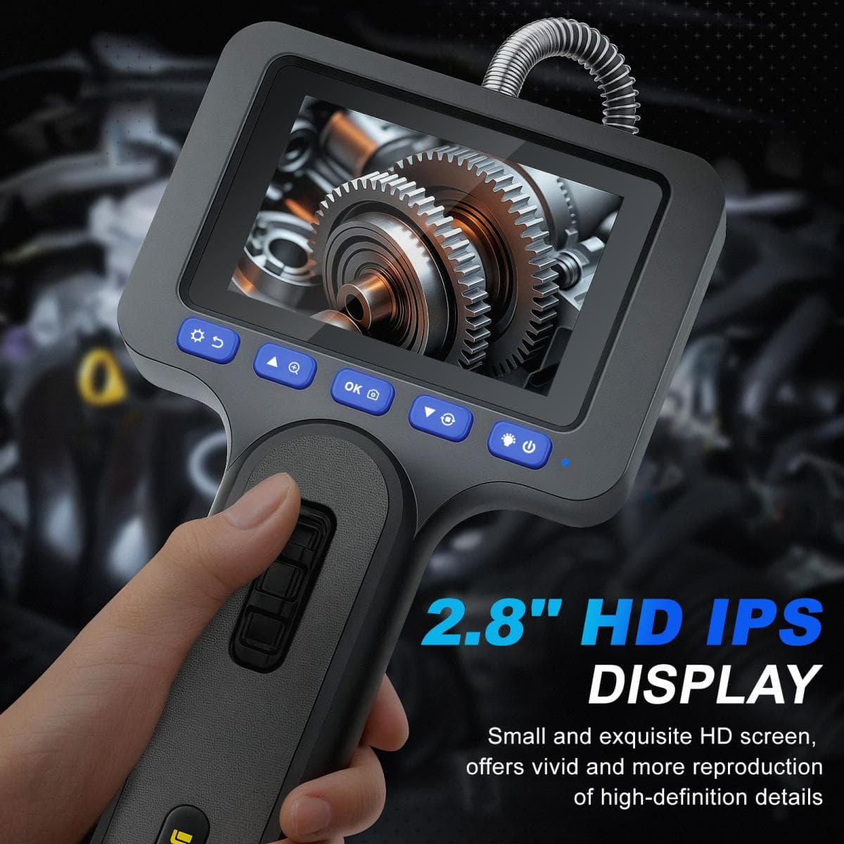 Эндоскоп автомобильный с экраном Jeseral JS260-28D, 360 градусов, с гибкой 6,2-мм камерой, с 2-сторонней артикуляцией и 2,8-дюймовым дисплеем