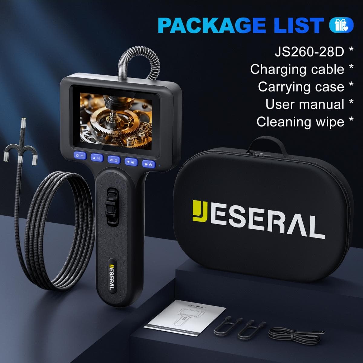 Эндоскоп автомобильный с экраном Jeseral JS260-28D, 360 градусов, с гибкой 6,2-мм камерой, с 2-сторонней артикуляцией и 2,8-дюймовым дисплеем