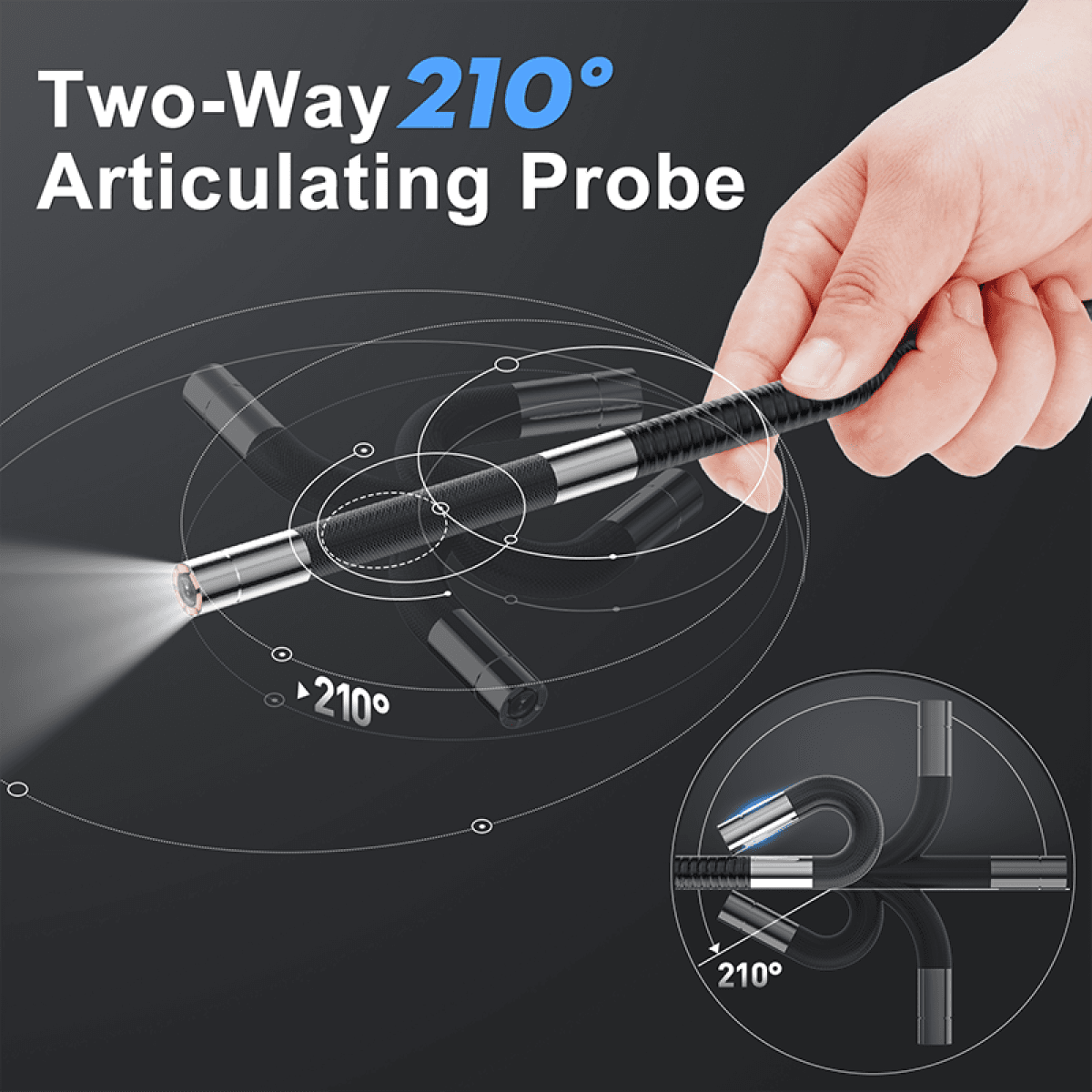 Эндоскоп автомобильный с экраном Jeseral JS260-28D, 360 градусов, с гибкой 6,2-мм камерой, с 2-сторонней артикуляцией и 2,8-дюймовым дисплеем