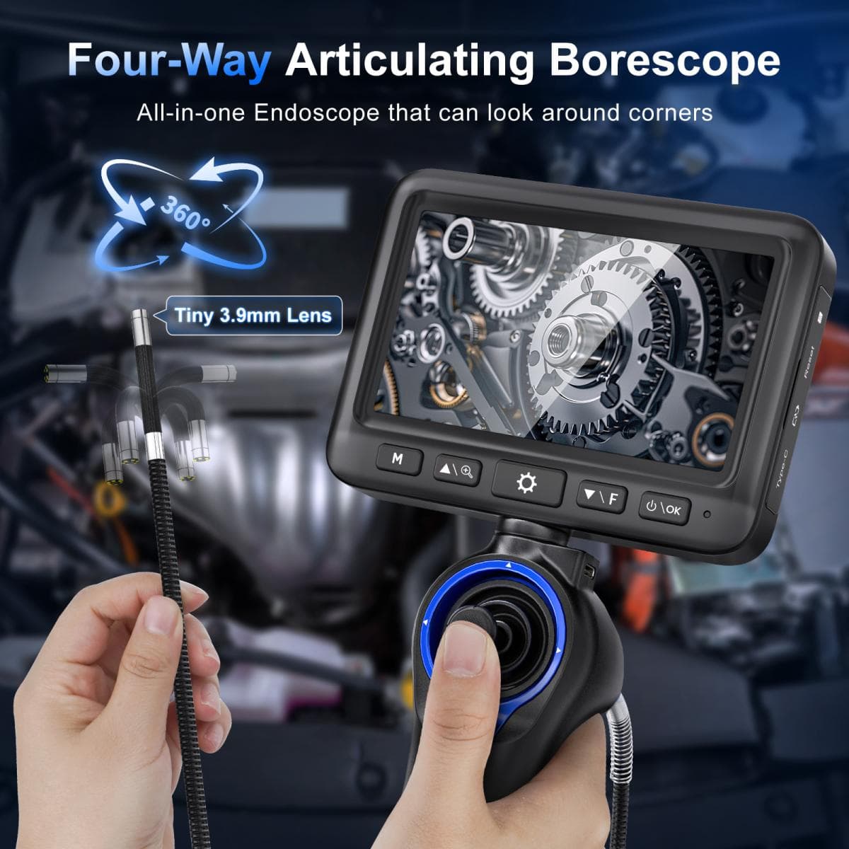 Эндоскоп автомобильный с экраном Jeseral JS439-DT, 360 градусов, с гибкой 3,9-мм камерой, с 4-сторонней артикуляцией и 5-дюймовым дисплеем