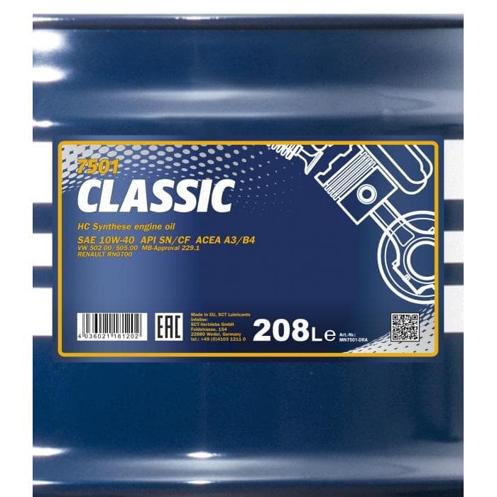 Полуcинтетическое моторное масло MANNOL CLASSIC SAE 10W-40 208л