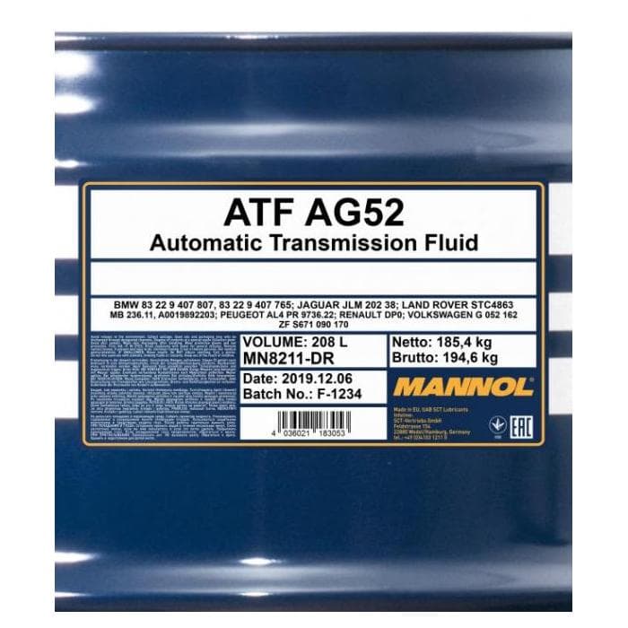 Трансмиссионное масло MANNOL ATF AG52 AUTOMATIC SPECIAL 208л