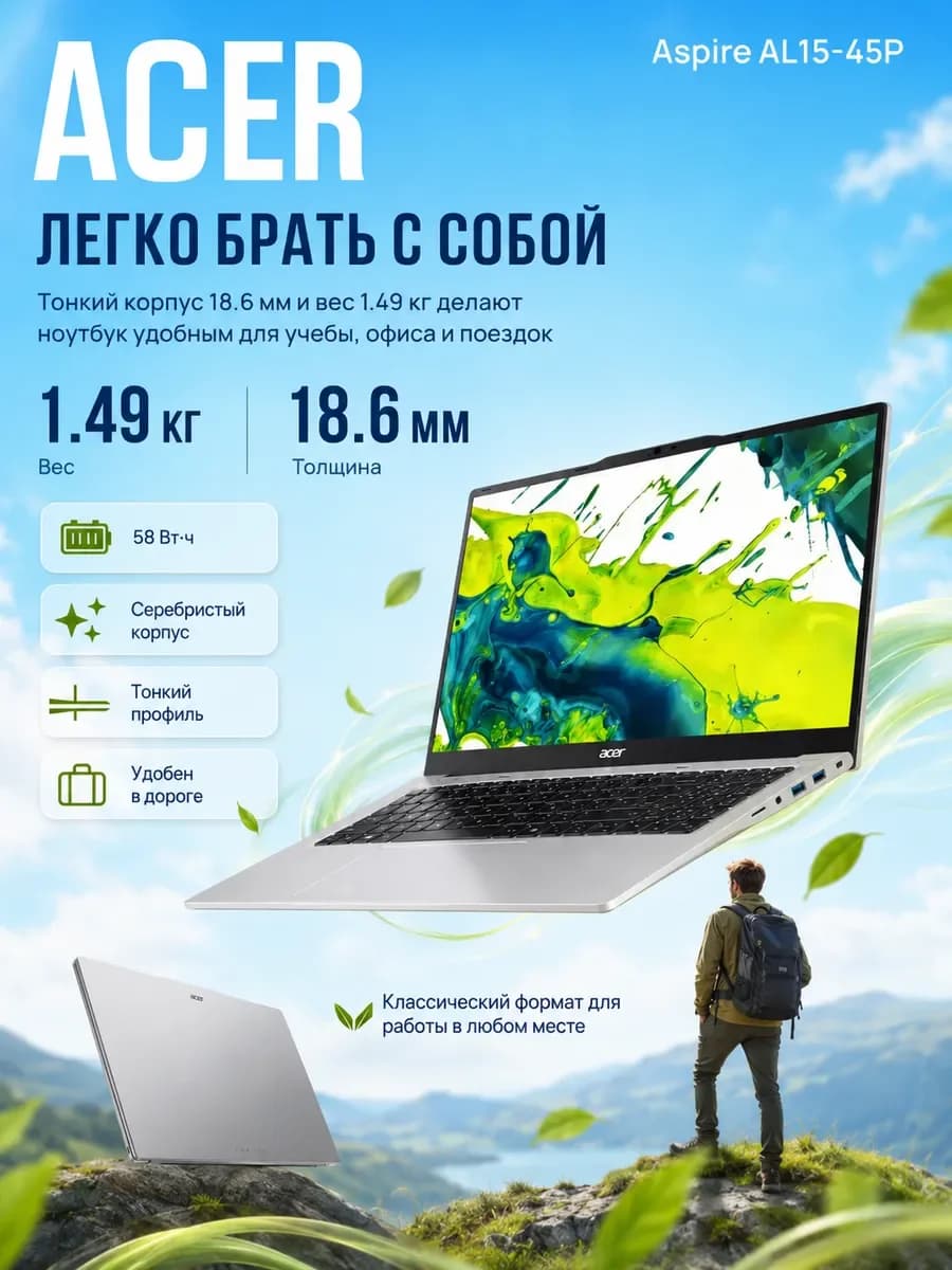 Ноутбук Acer Aspire Lite AL15-45P-R4UJ Ryzen 7 5825U 16GB 1TB SSD 15.6" Light Silver