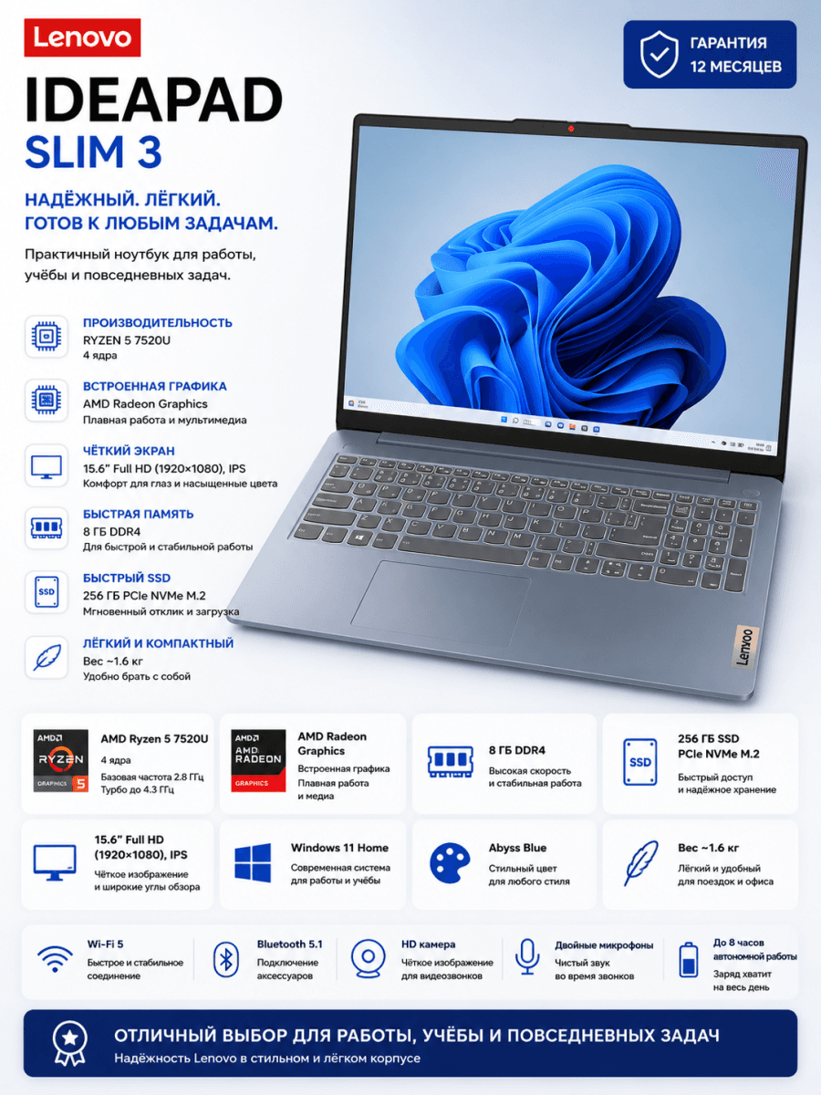 Ноутбук Lenovo IdeaPad Slim 3 Ryzen 5 7520U 8GB 256GB SSD 15.6" Abyss Blue