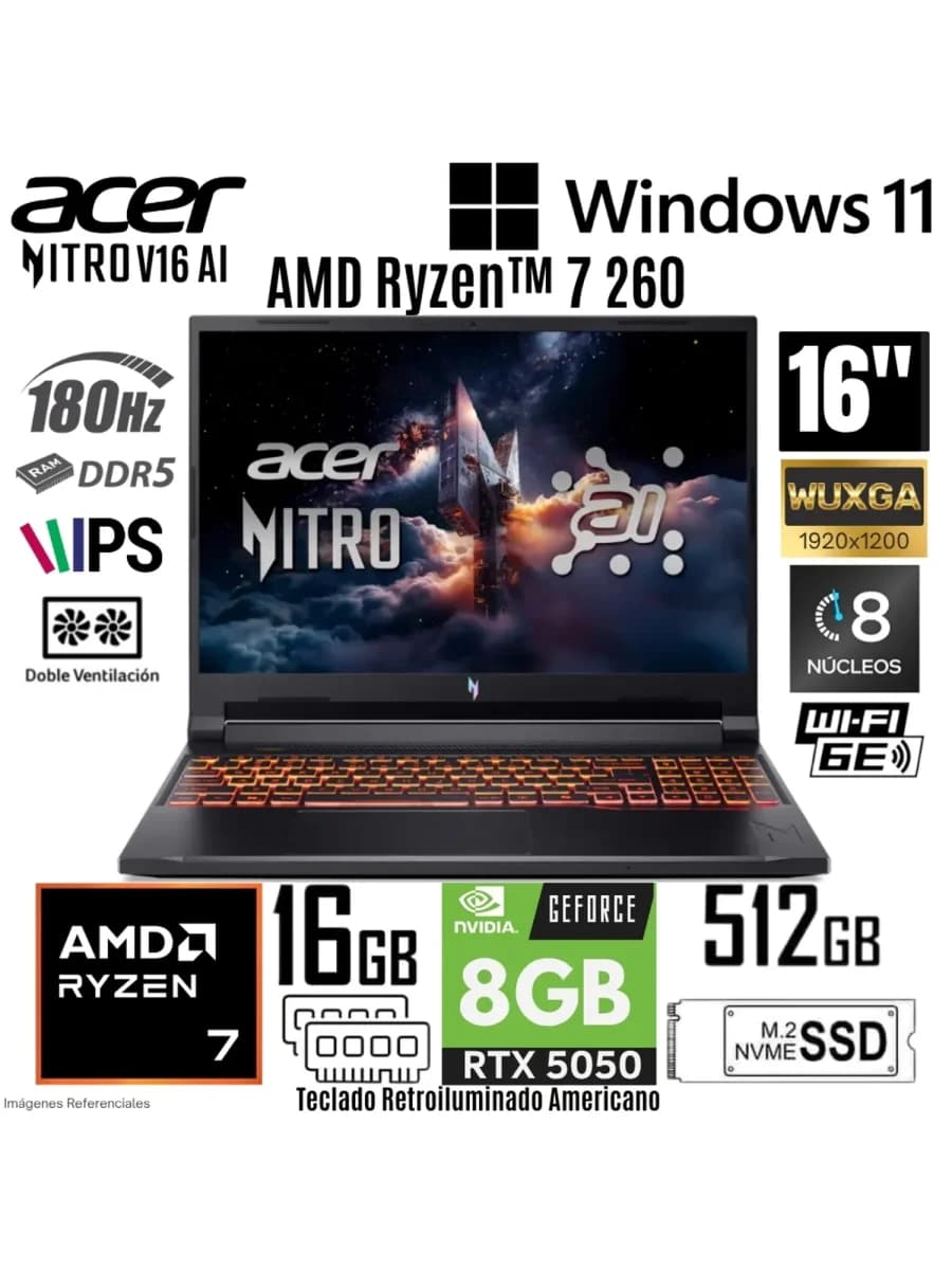 Ноутбук Acer Nitro V16 16" WQXGA 180Hz AMD Ryzen 7-260 Nvidia Geforce RTX 5050 8GB  16GB + 512GB SSD  Win11, ENG