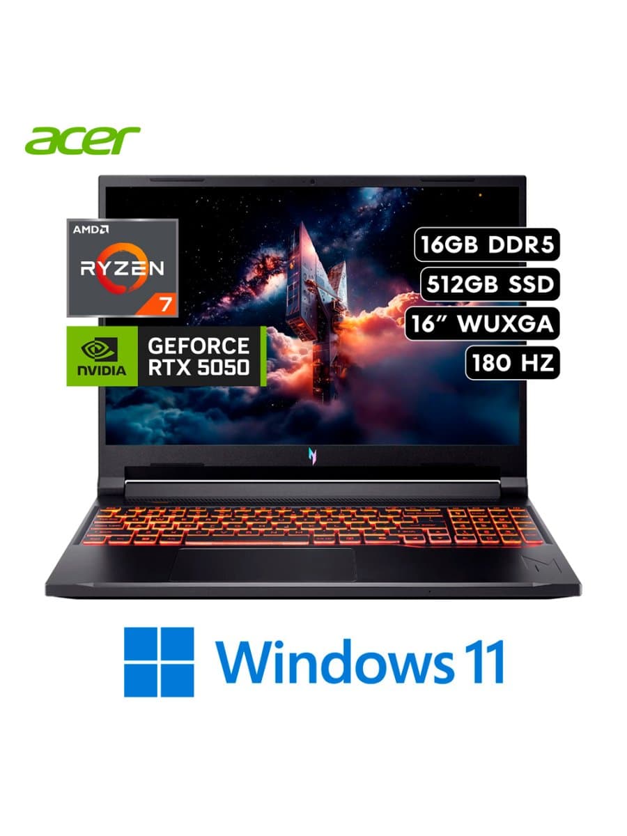 Ноутбук Acer Nitro V16 16" WQXGA 180Hz AMD Ryzen 7-260 Nvidia Geforce RTX 5050 8GB  16GB + 512GB SSD  Win11, ENG