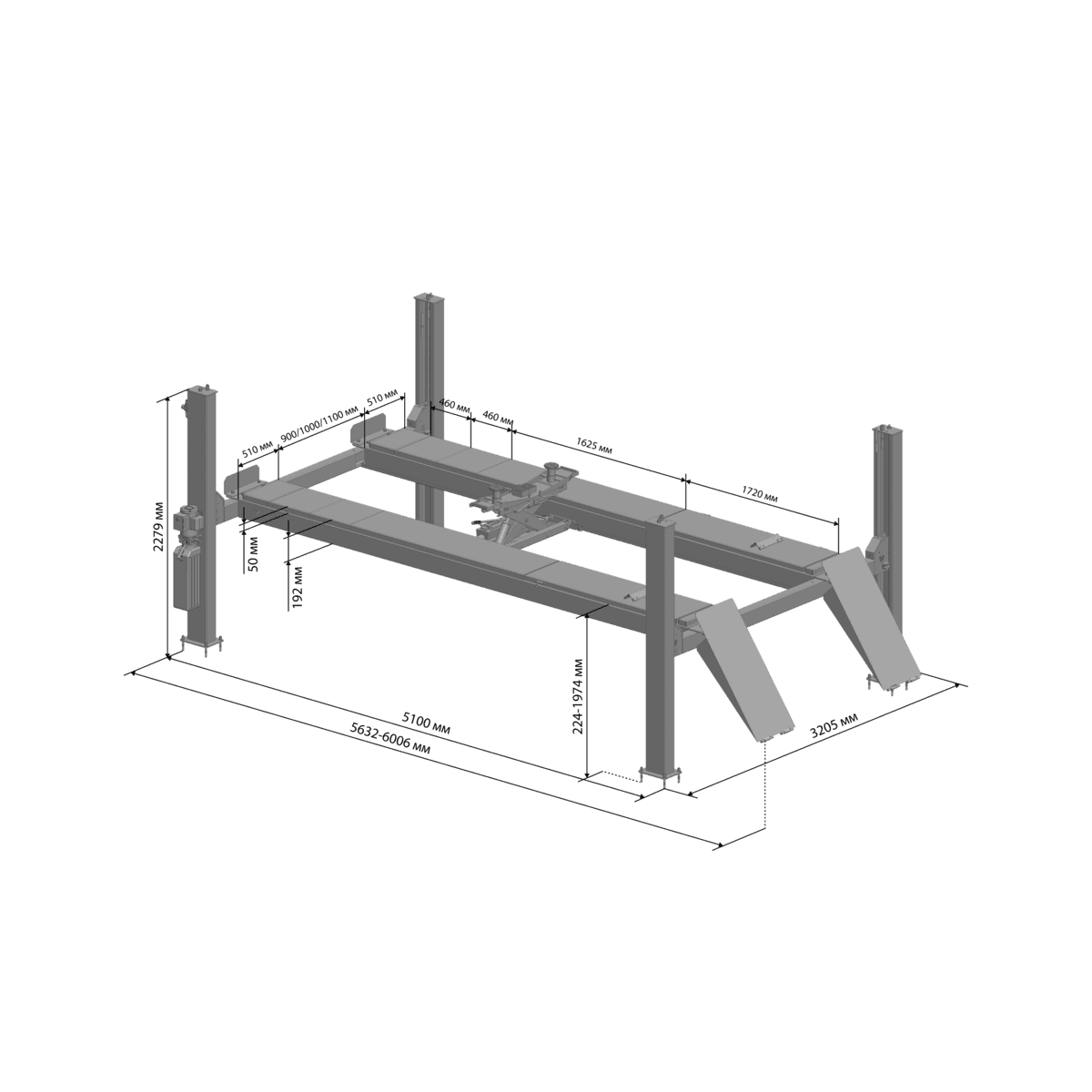 Четырехстоечный электрогидравлический автоподъемник SIVIK ПГА-5000/4 слесарный, пневматические фиксаторы, грузоподъемность 5.0т.