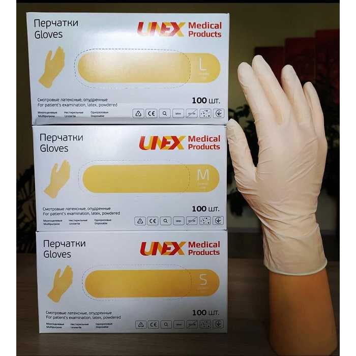 Латексные перчатки опудренные , размеры S,M,L 100 шт в пачке.