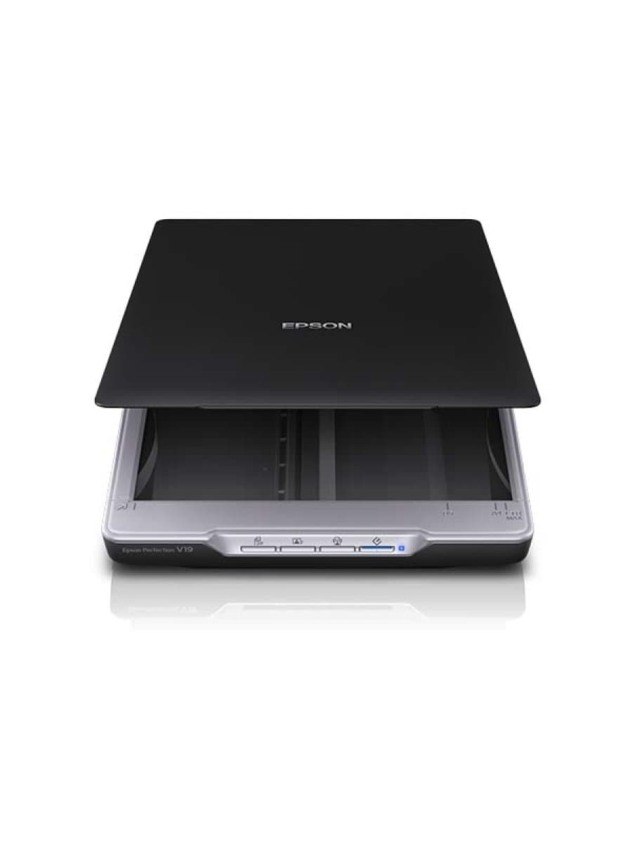 Сканер Epson Perfection V19 (планшетный, A4, 4800x4800dpi, 48bit, 3.2D, тип лампы - светодиодная, съемная крышка для сканирования книг и альбомов, вертикальное сканирование на встроенной стойке, USB)