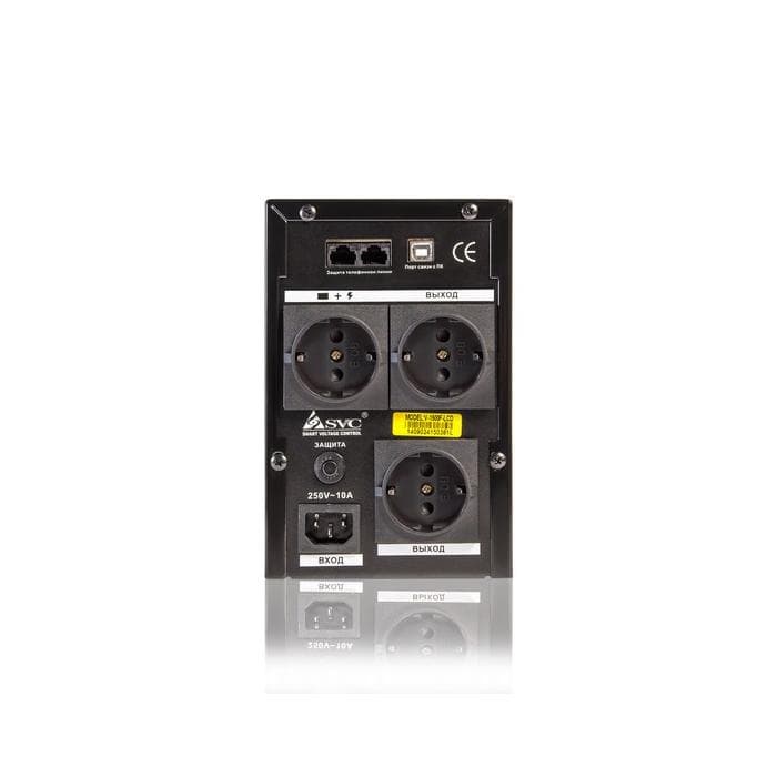 Источник бесперебойного питания UPS SVC V-1500-F, 1500VA(900W), 12V/9Ah, AVR стабилизатор: 165-275V, 3 вых: 2 системных+1 для принтера (Bypass), Black, USB (технология Smart), LED светодиодная подсветка