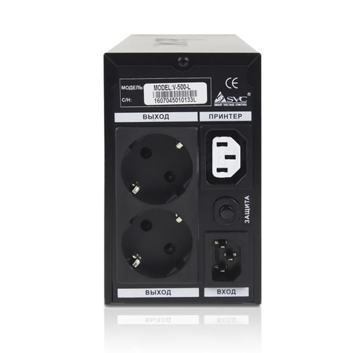 Источник бесперебойного питания UPS SVC V-650-L, 650VA(400W), Диапазон работы AVR: 165-275В, AVR в режиме Booster: 138-292В, Бат.: 12В/7.5 Ачх1шт., 3 вых.: 2 Shuko CEE7+1 IEC C13 (Bypass), Чёрный