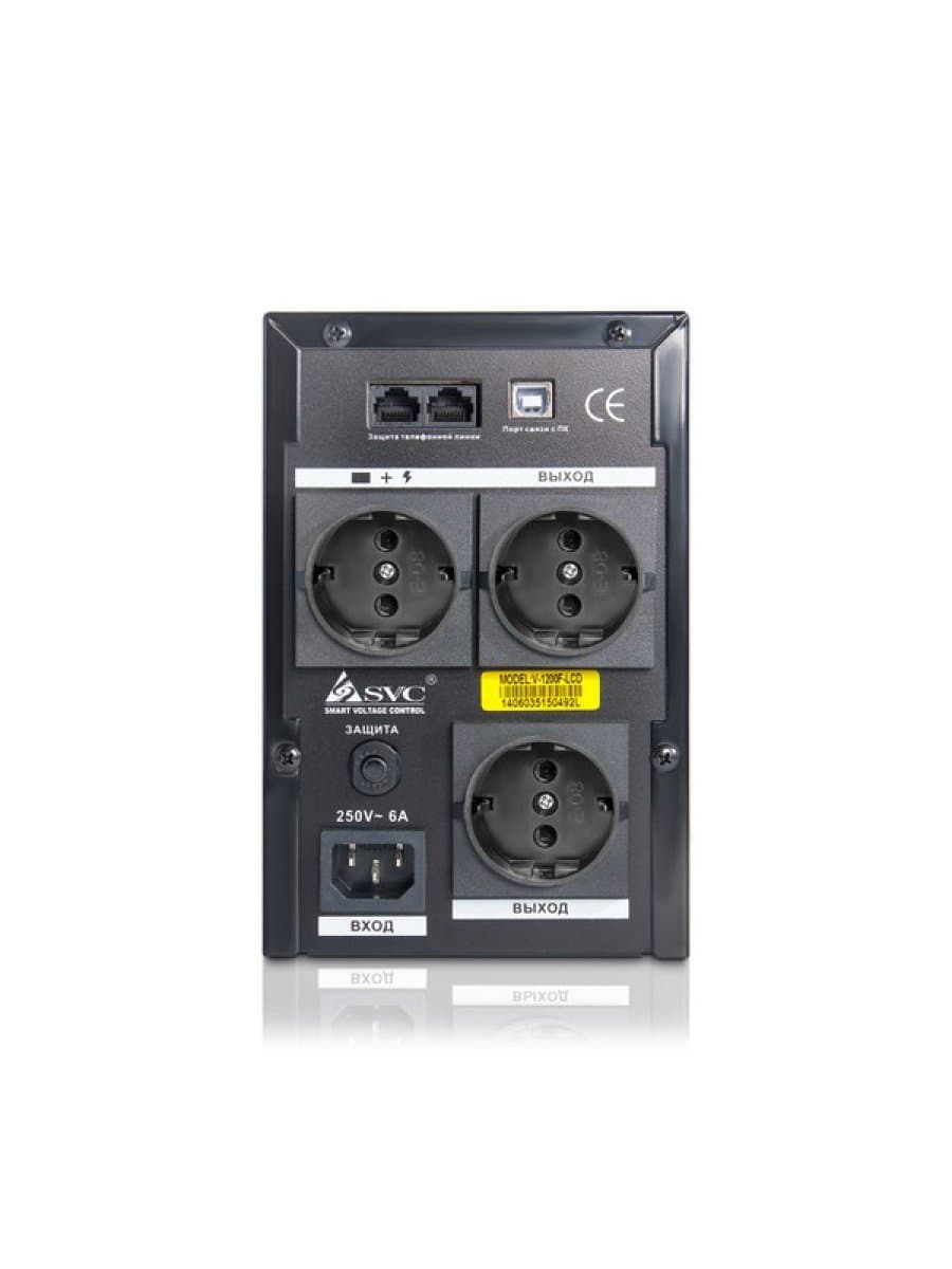 Источник бесперебойного питания UPS SVC V-1200-F-LCD, 1200VA(720W), 12V/7.5Ah, AVR стабилизатор: 165-275ВА, 3 вых: 2 системных+1 для принтера (Bypass), Black, USB (технология Smart), LCD display