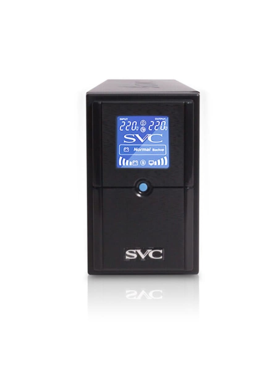 Источник бесперебойного питания UPS SVC V-650-L-LCD, 650VA(390W), Диапазон работы AVR: 165-275В, AVR в режиме Booster: 138-292В, Бат.: 12В/7.5 Ачх1шт.,LCD-дисплей, 3 вых.: 2 Shuko CEE7+1 IEC C13 (Bypass), Чёрный