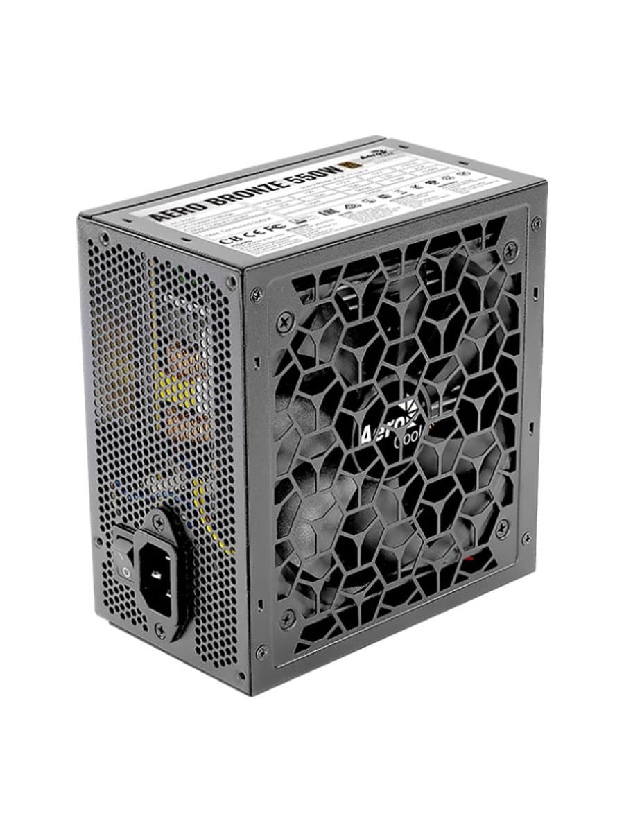 Блок питания 550W Aerocool AERO BRONZE 550W, 550W, ATX, Bronze, APFC, 20+4pin, 4+4pin, 5*Sata, 4*Molex, 2*PCI-E 6+2pin, Вентилятор 12см, Кабель питания, Чёрный