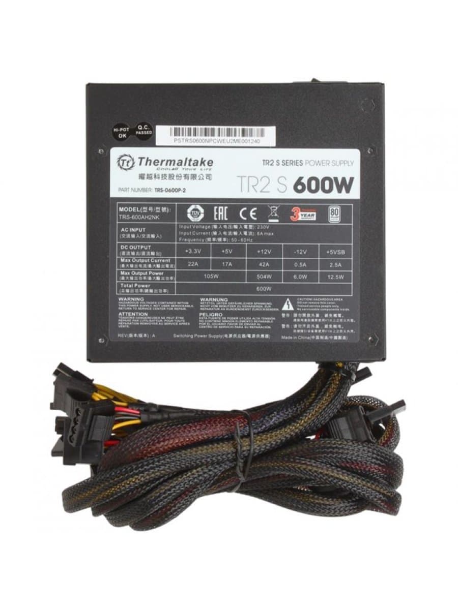 Блок питания 600W Thermaltake TR2 S 600W, ATX, 80 PLUS®, APFC, 20+4 pin, 4+4pin, 5*Sata, 4*Molex, 1*FDD, 2*PCI-E 6+2 pin, Вентилятор 12 см, Кабель питания, Чёрный[PS-TRS-0600NPCWEU-2]