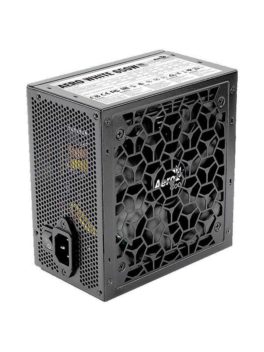 Блок питания 650W Aerocool AERO WHITE 650, 650W, ATX, APFC, 80 PLUS Standart, 24+8 pin, 24+4 pin, 20+4 pin, 5*Sata, 3*Molex, 4*PCI-E 6+2 pin, вентилятор 12 см, кабель питания, чёрный