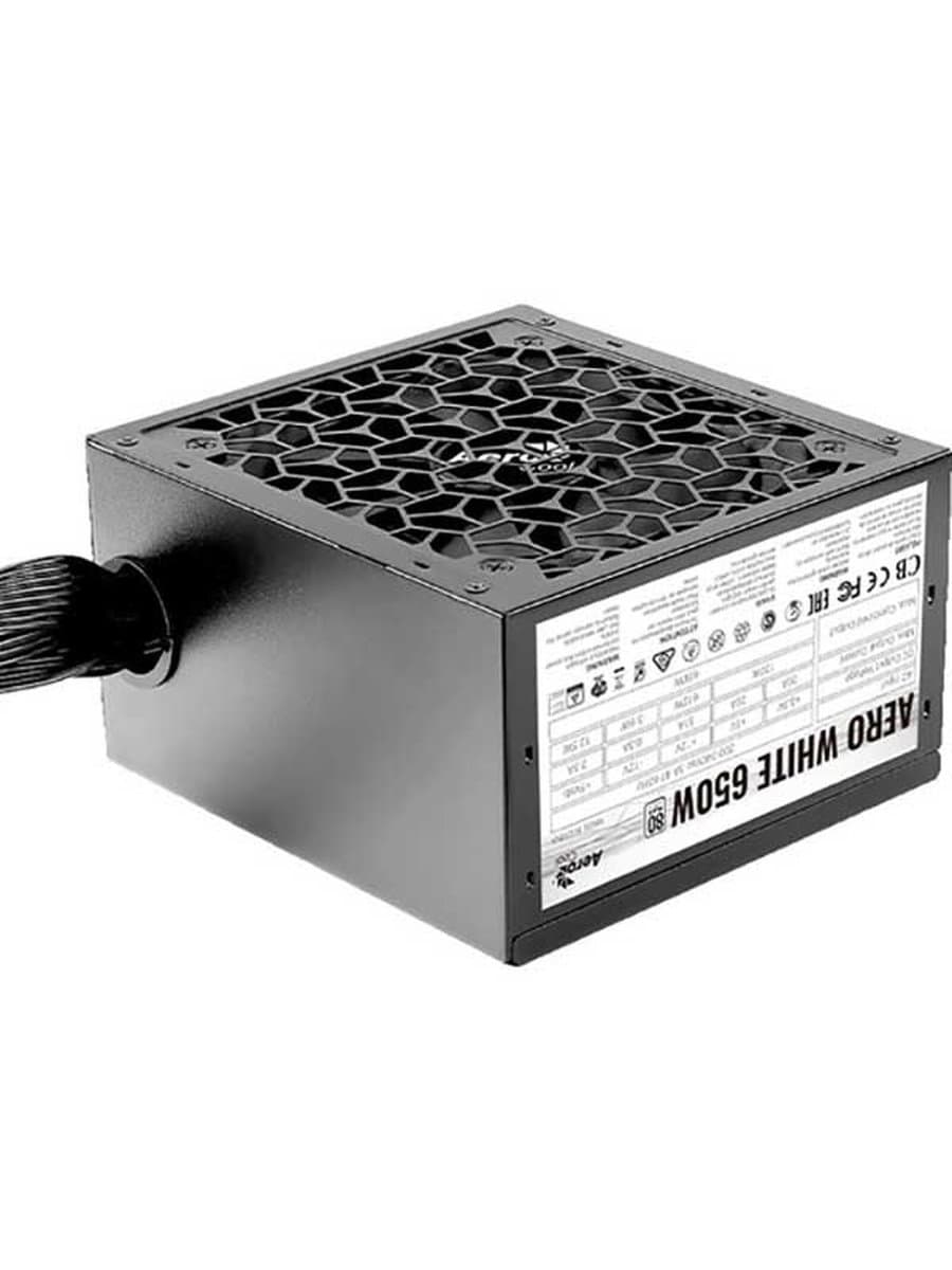 Блок питания 650W Aerocool AERO WHITE 650, 650W, ATX, APFC, 80 PLUS Standart, 24+8 pin, 24+4 pin, 20+4 pin, 5*Sata, 3*Molex, 4*PCI-E 6+2 pin, вентилятор 12 см, кабель питания, чёрный