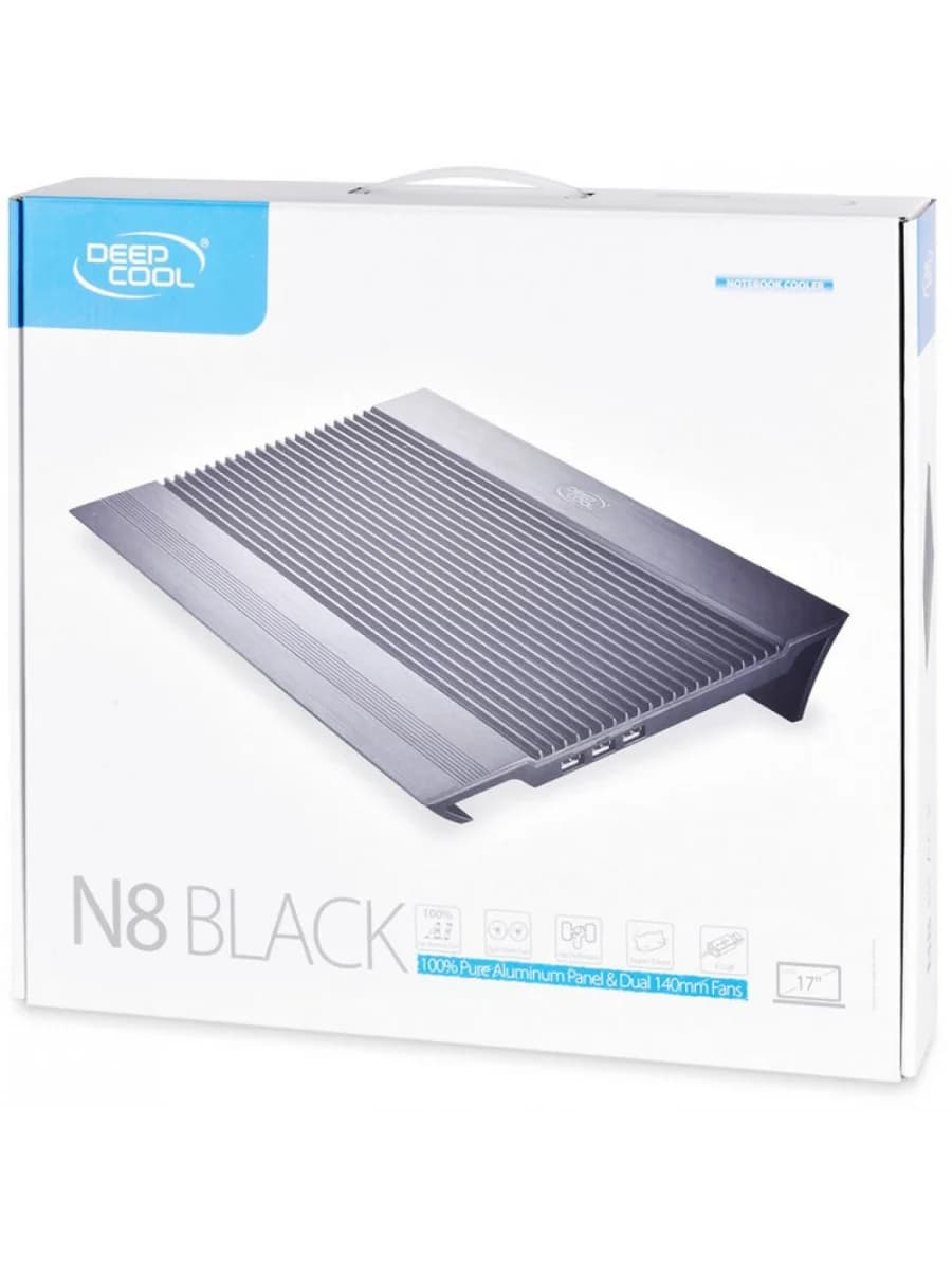 Охлаждающая подставка для ноутбука Deepcool N8 Black DP-N24N-N8BK, 17, Вентилятор 2 14см, 1000±10%RPM, 4 USB 2.0, 25,1дБл, Габариты 380х278х55мм, Чёрный