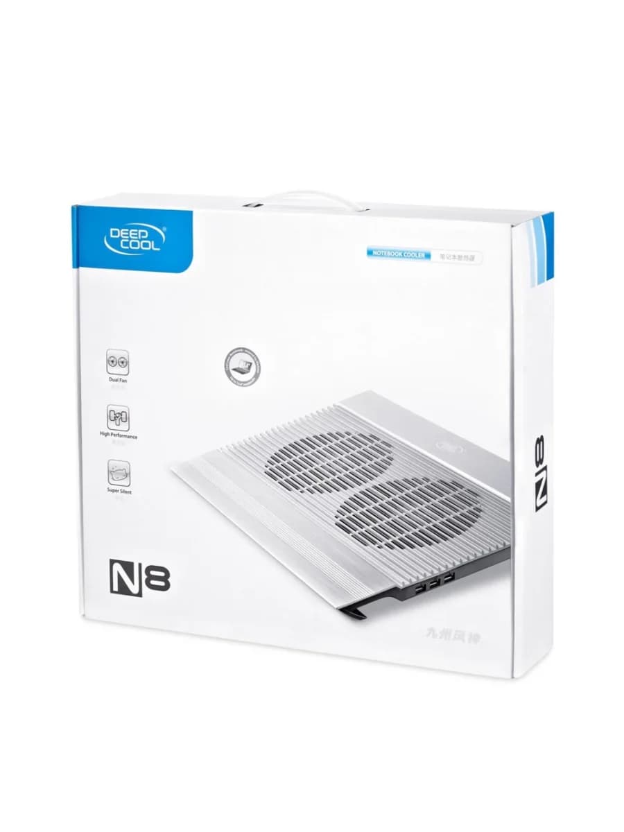 Охлаждающая подставка для ноутбука Deepcool N8 Silver DP-N24N-N8SR, 17, Вентилятор 2 14см, 1000±10%RPM, 4 USB 2.0, 25,1дБл, Габариты 380х278х55мм, Серебристый