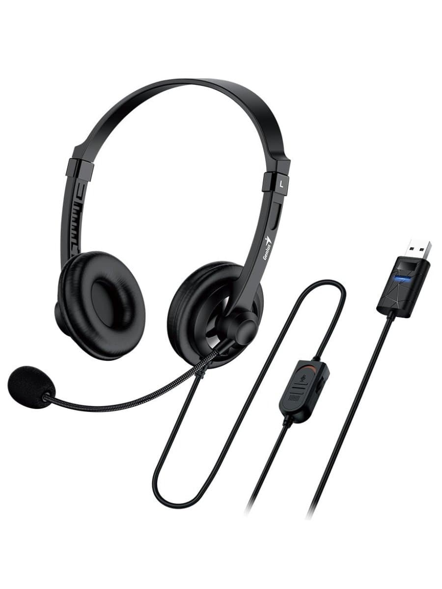 Наушники с микрофоном Genius HS-230U, Дуговые, USB, 100Hz-10kHz, 110dB/-45dB, длина кабеля 2 м, Чёрный