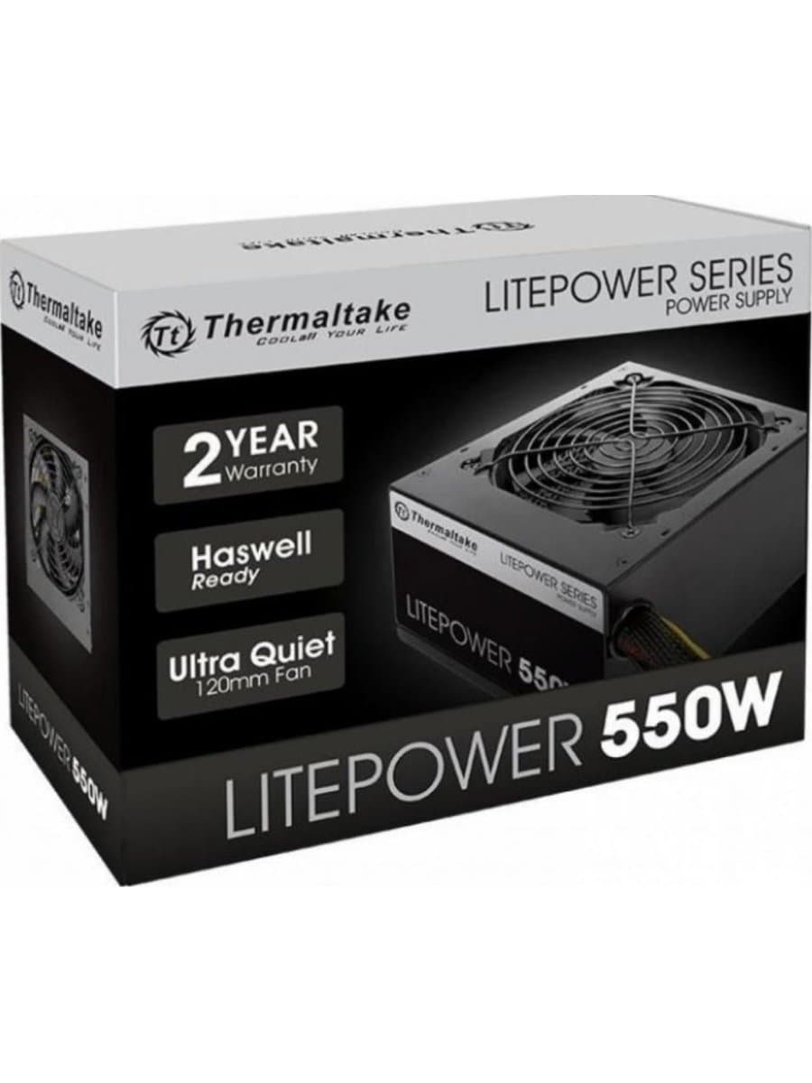 Блок питания 550W Thermaltake, Litepower LT, 550W, ATX, APFC, 20+4pin, 4+4pin, 4*PATA, 5*SATA, 2*PCI-E 6+2-pin, 1*FDD, 1x120 мм, Кабель питания, Чёрный [PS-LTP-0550NPCNEU-2]
