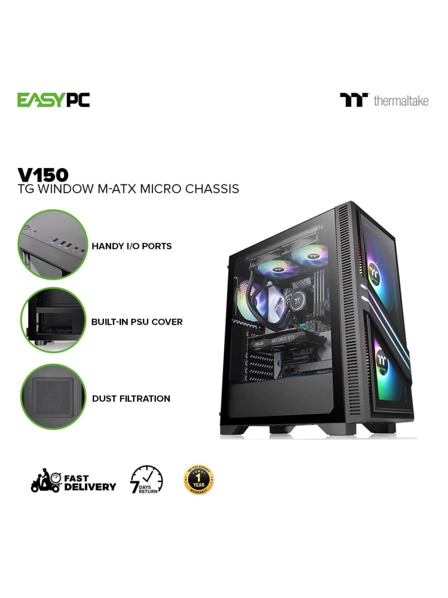 Корпус Thermaltake V150 TG CA-1R1-00S1WN-00 Micro ATX/Mini ITX USB1x3.0+2.0x2, HD-Audio, Куллер 1х120мм, Высота CPU куллера до 165мм, VGA до 330мм, 398x208x440m, Без Б/П, Черный