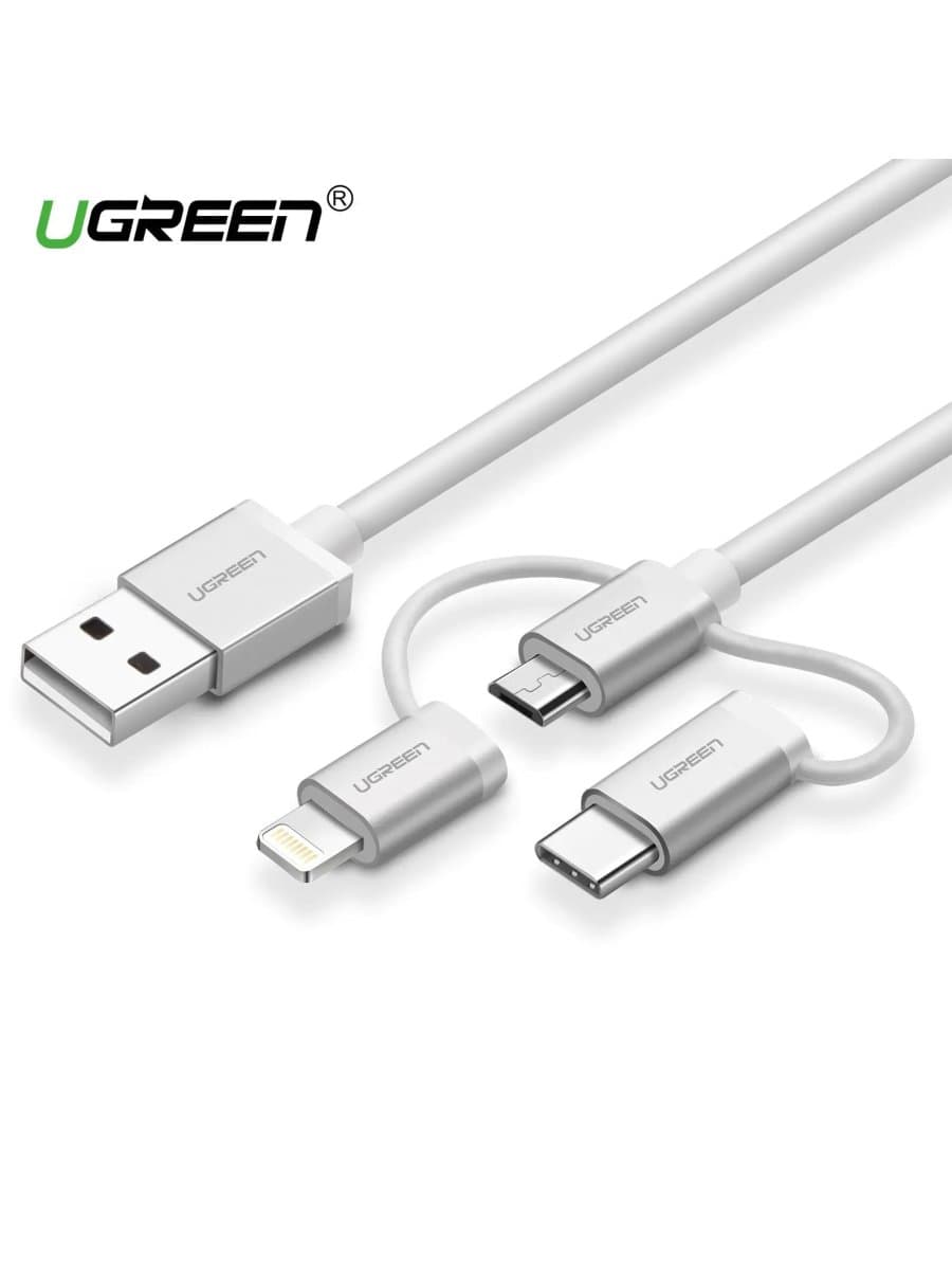 Переходник UGREEN US186 USB 2.0 A To Micro USB+Lightning+Type C (3 in 1) Cable Sliver 1.5M, 50203