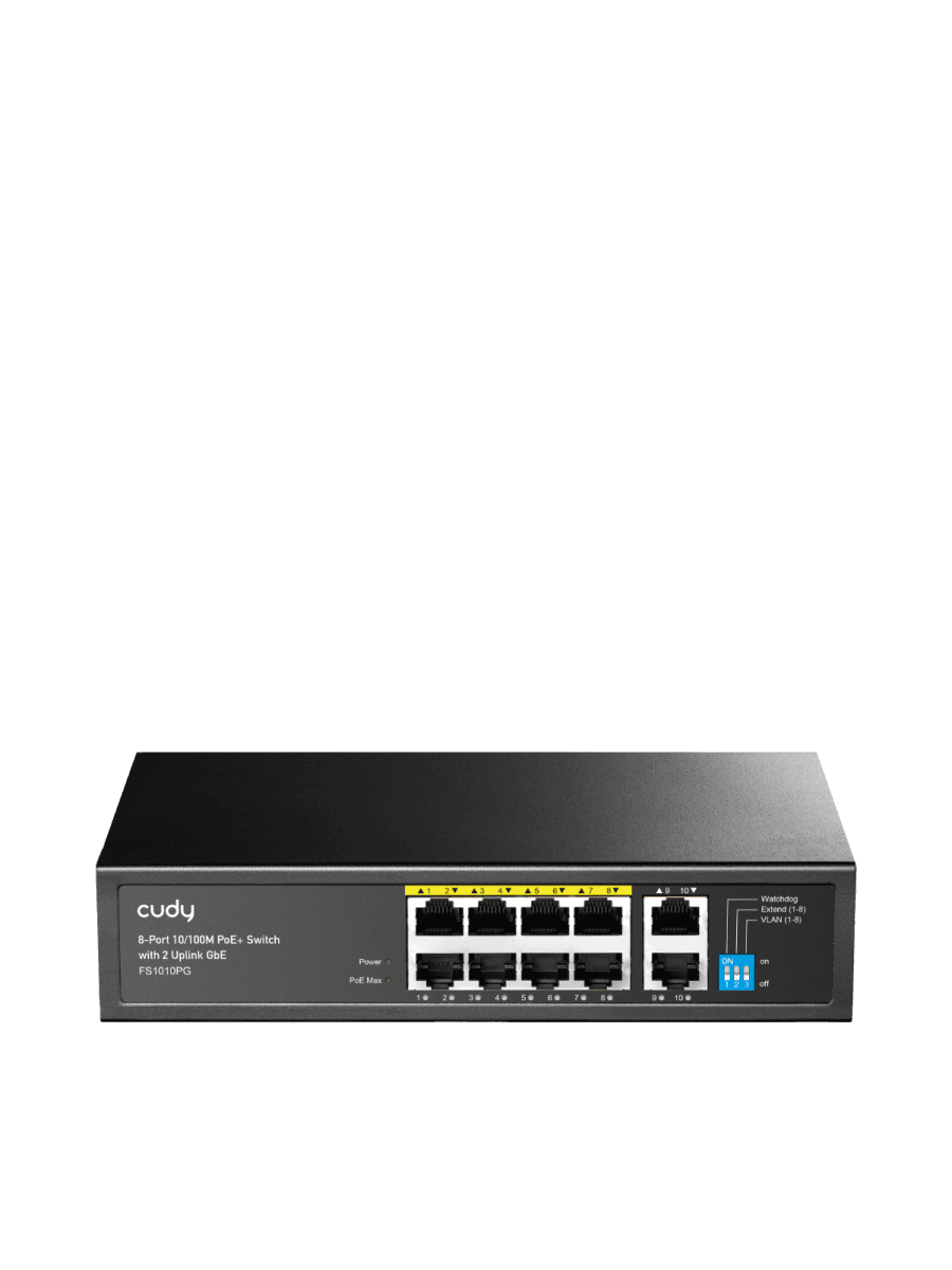 Сетевой коммутатор CUDY FS1010PG 8x10/100Mbps PoE,2x1000Mbpc,PoE budget, VLAN/Default/Extend DIP SwitcH, 802.3i/u/ab/x/af/at, 30W