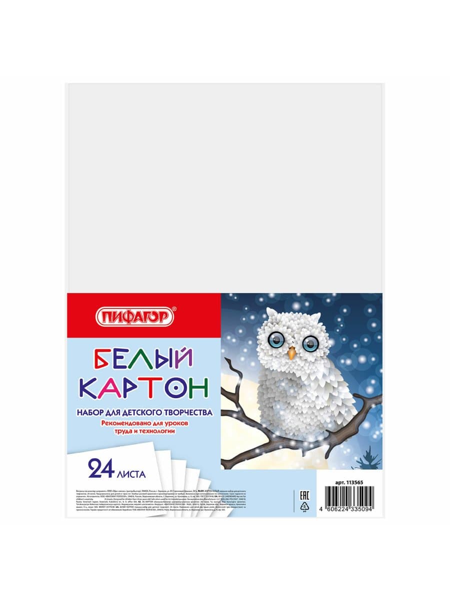 Картон белый А4 немелованный (матовый), 24 листа, ПИФАГОР, 200х290 мм, "Совушка", 113565