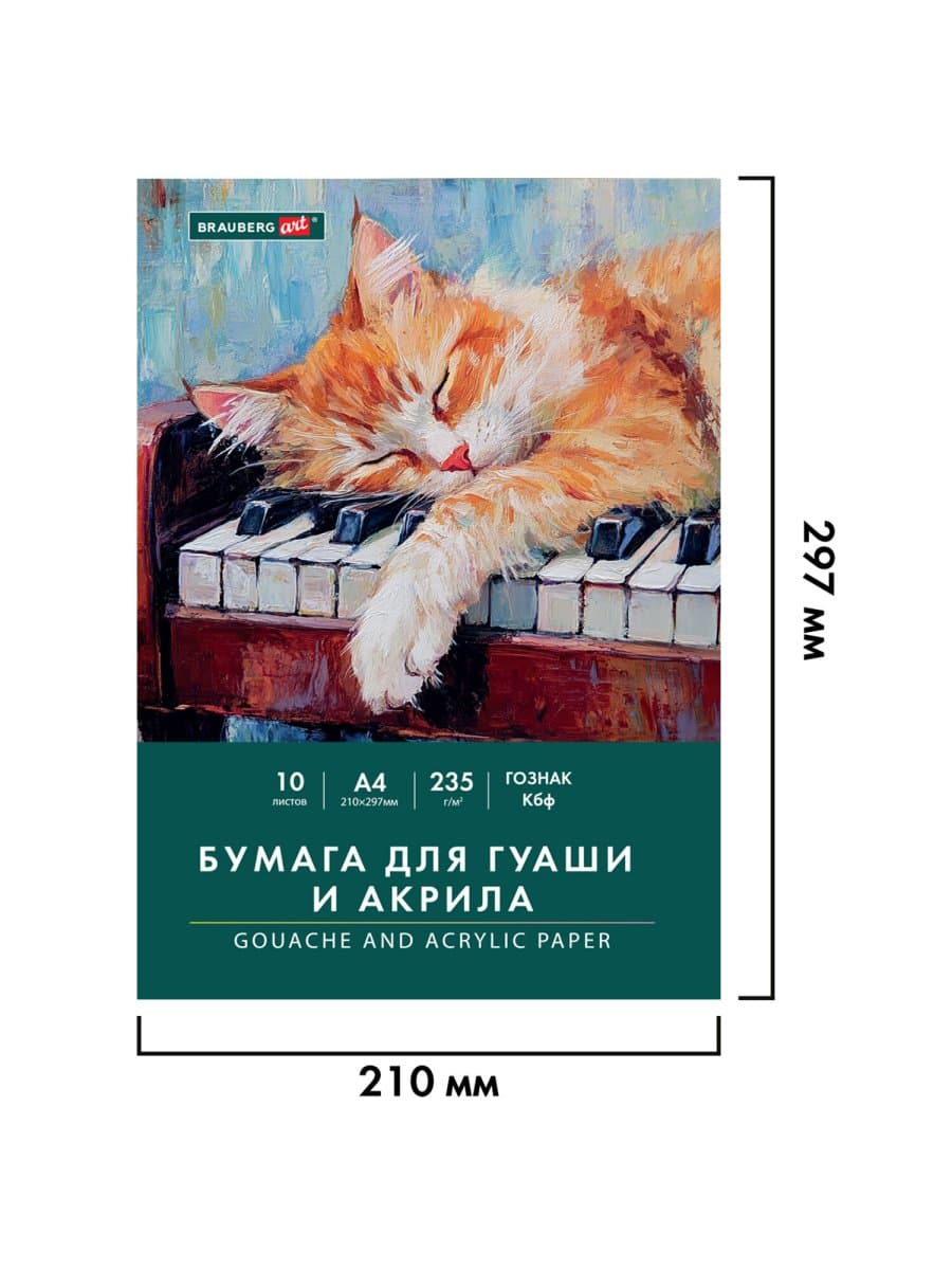 Бумага для гуаши и акрила А4 10 л., 235 г/м2, 210х297 мм, в папке, BRAUBERG ART CLASSIC, "Кот-музыкант", 117731