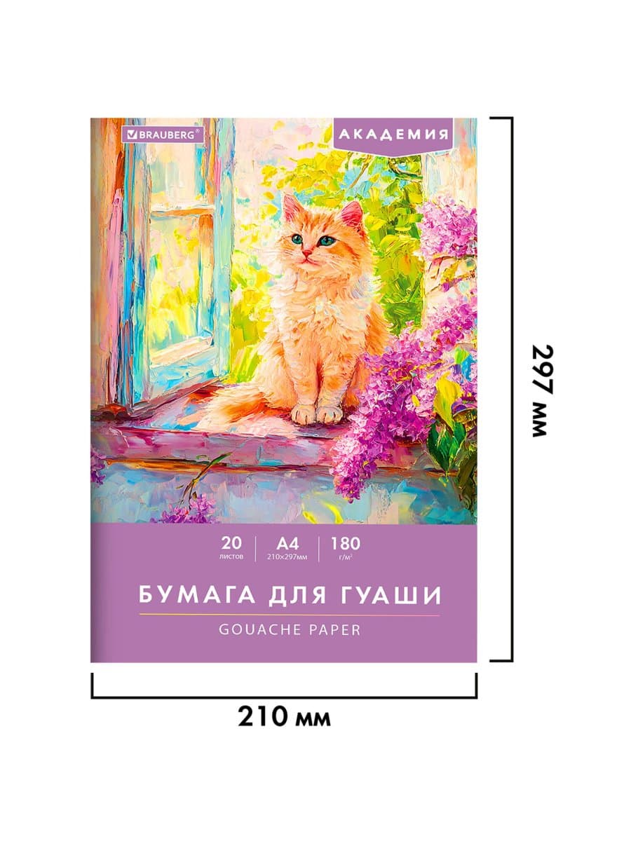 Бумага для гуаши А4 20 л., 180 г/м2, 210х297 мм, в папке, BRAUBERG АКАДЕМИЯ, "Котик", 117737