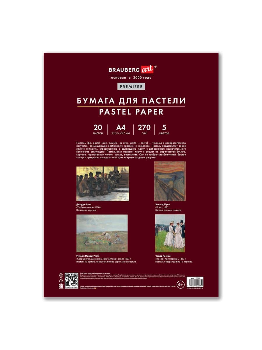 Бумага для пастели ФАКТУРНАЯ, А4, в папке, 20 листов, 5 цветов, 270 г/м2, BRAUBERG ART, 117755