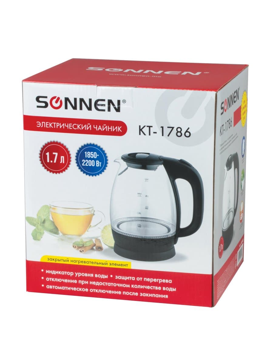 Чайник SONNEN KT-1786, 1,7 л, 2200 Вт, закрытый нагревательный элемент, стекло, 453422